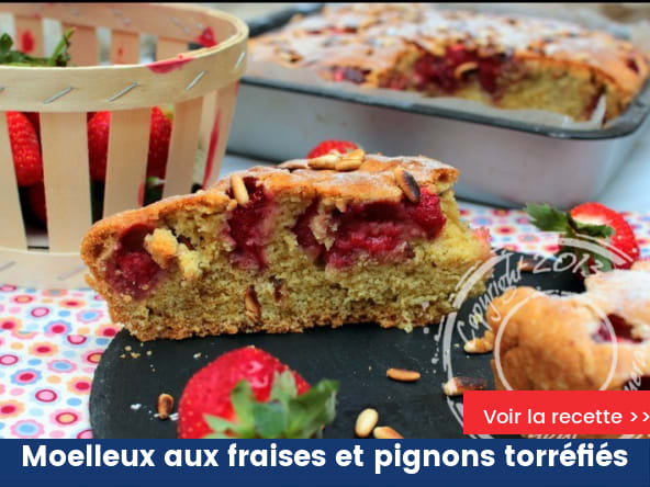 Moelleux aux fraises et pignons torréfiés